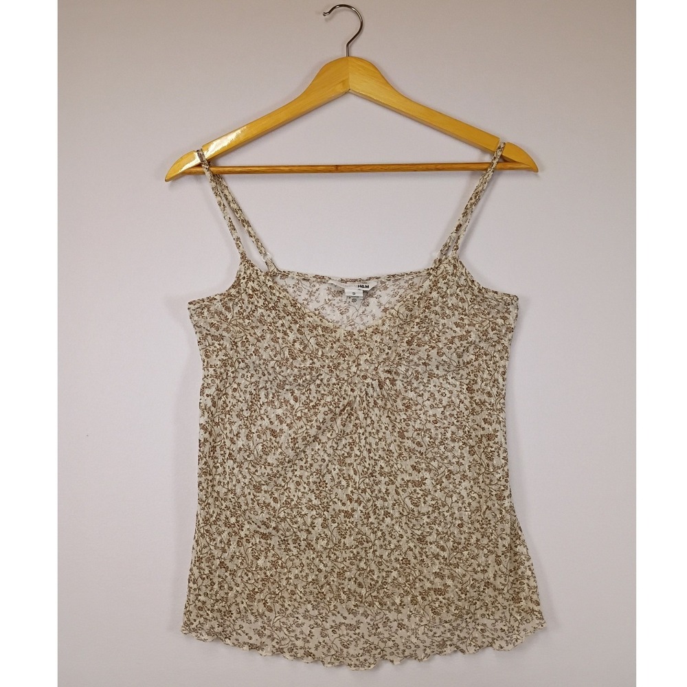 Cottagecore H&M Women S Brown Cream Floral Mesh Sheer Lettuce Edge Cami Top